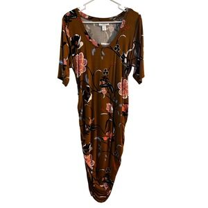 Motherhood Maternity Floral Ruched Bodycon Midi Dress Brown Mustard Large NWT